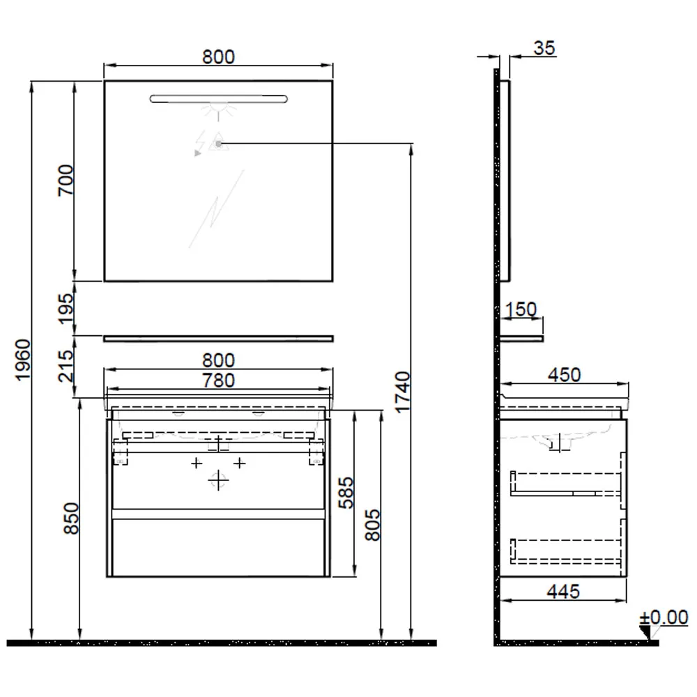 Kale Idea 2.0 80 Cm Pasifik A Çift Çekmeceli Banyo Dolabı Takımı 610100200528 2