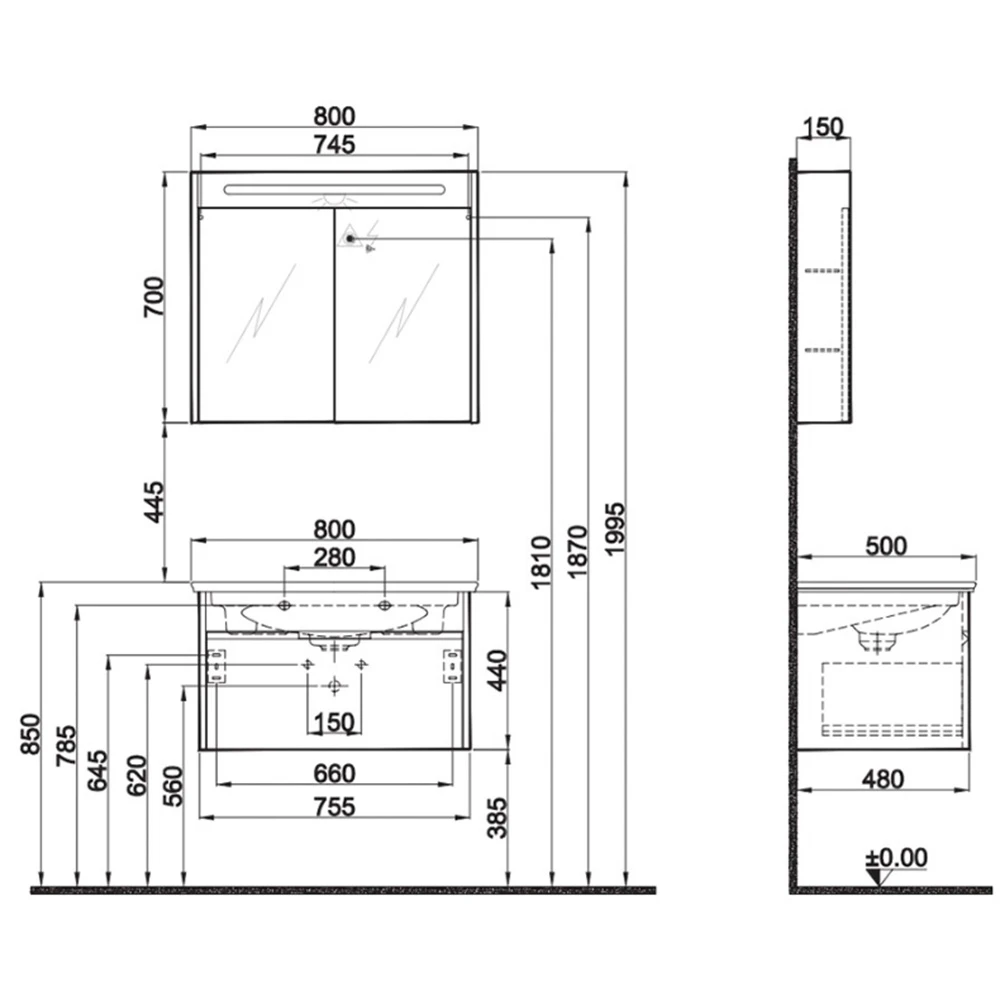 Kale Motion 80 Cm Antrasit-Ceviz Banyo Dolabı Takımı 2