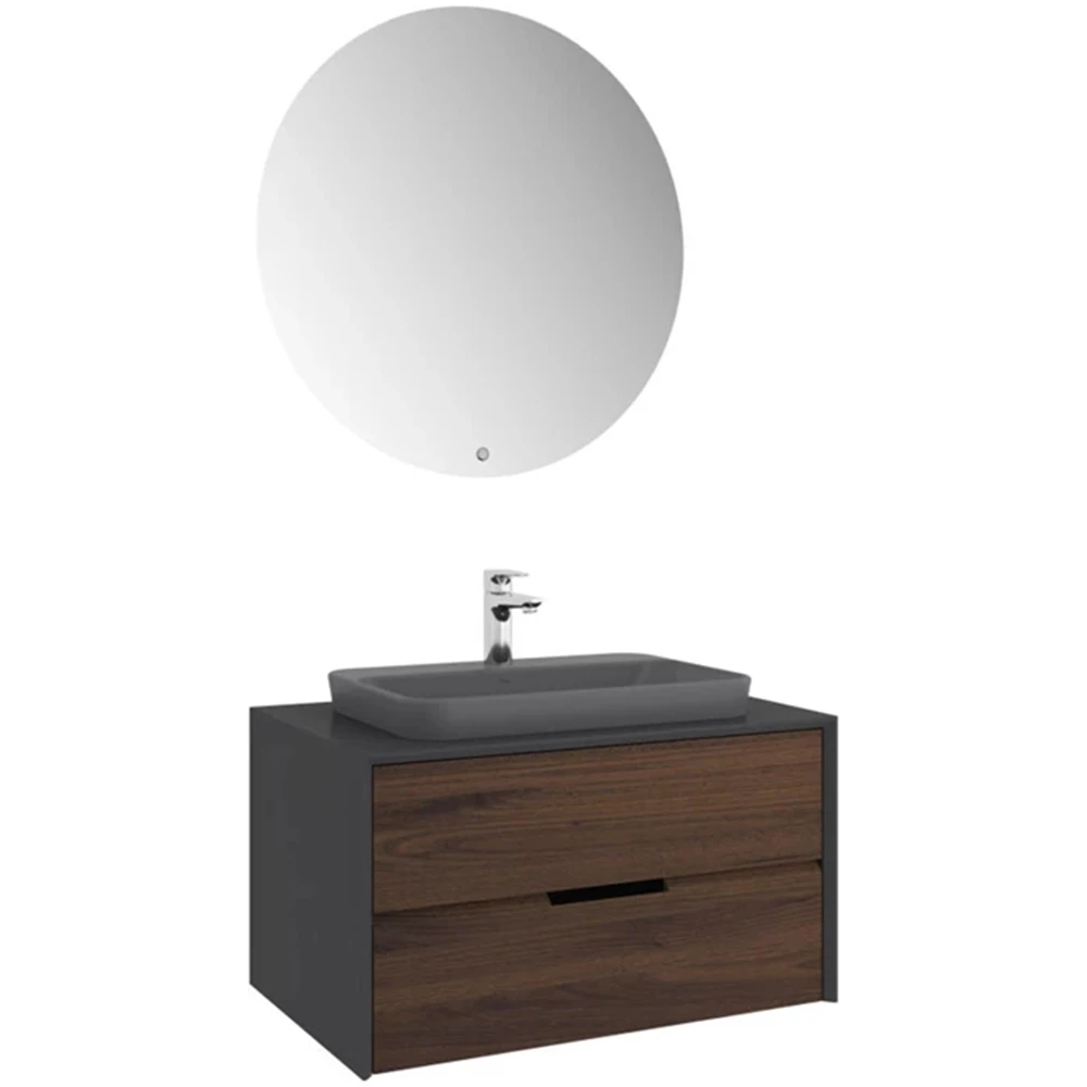 Kale Sole 80 Cm Antrasit-Ceviz Banyo Dolabı Takımı (Dikdörtgen Mat Antrasit Yarı Gömme Lavabo)