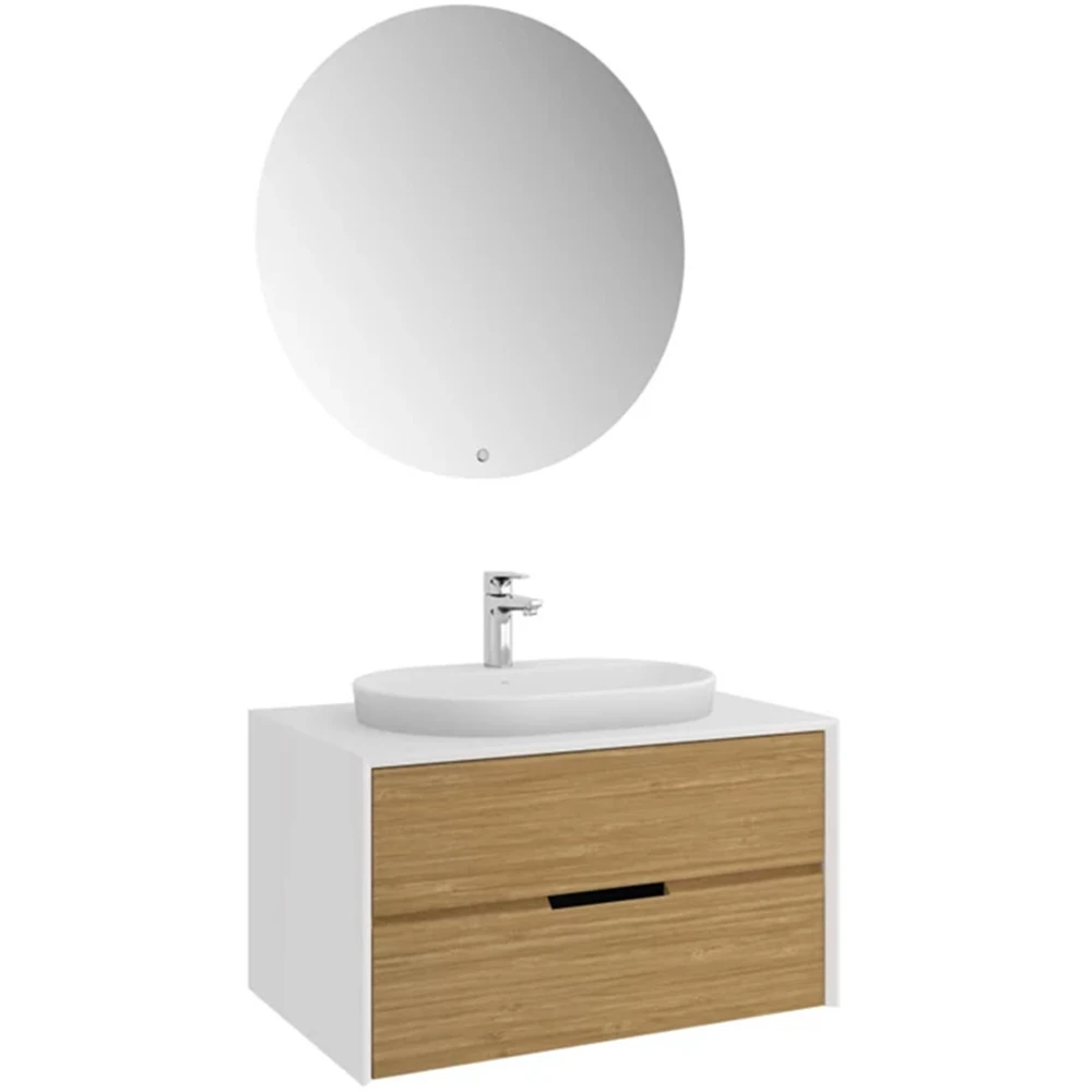 Kale Sole 80 Cm Beyaz-Meşe Banyo Dolabı Takımı (Oval Mat Beyaz Yarı Gömme Lavabo)