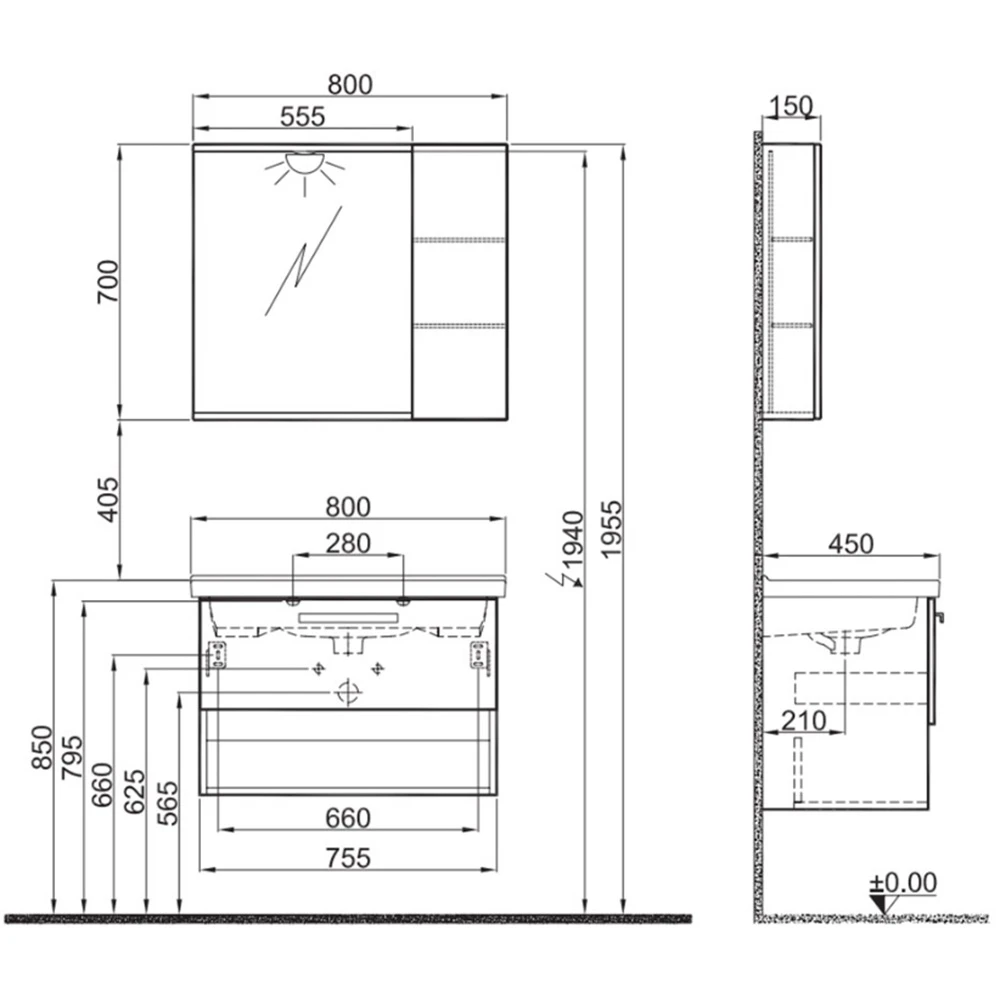 Kale Trevi 80 Cm Antrasit-Ceviz Banyo Dolabı Takımı 2