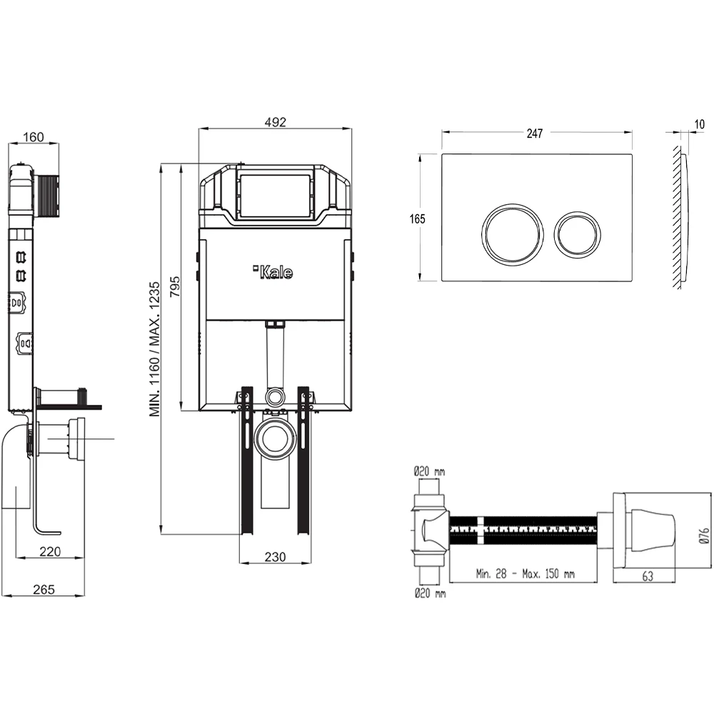 Kale Triton 2,5/4L Duvar İçi Gömme Rezervuar + Corro Mat Krom Panel + V100 Ankastre Stop Valf 2