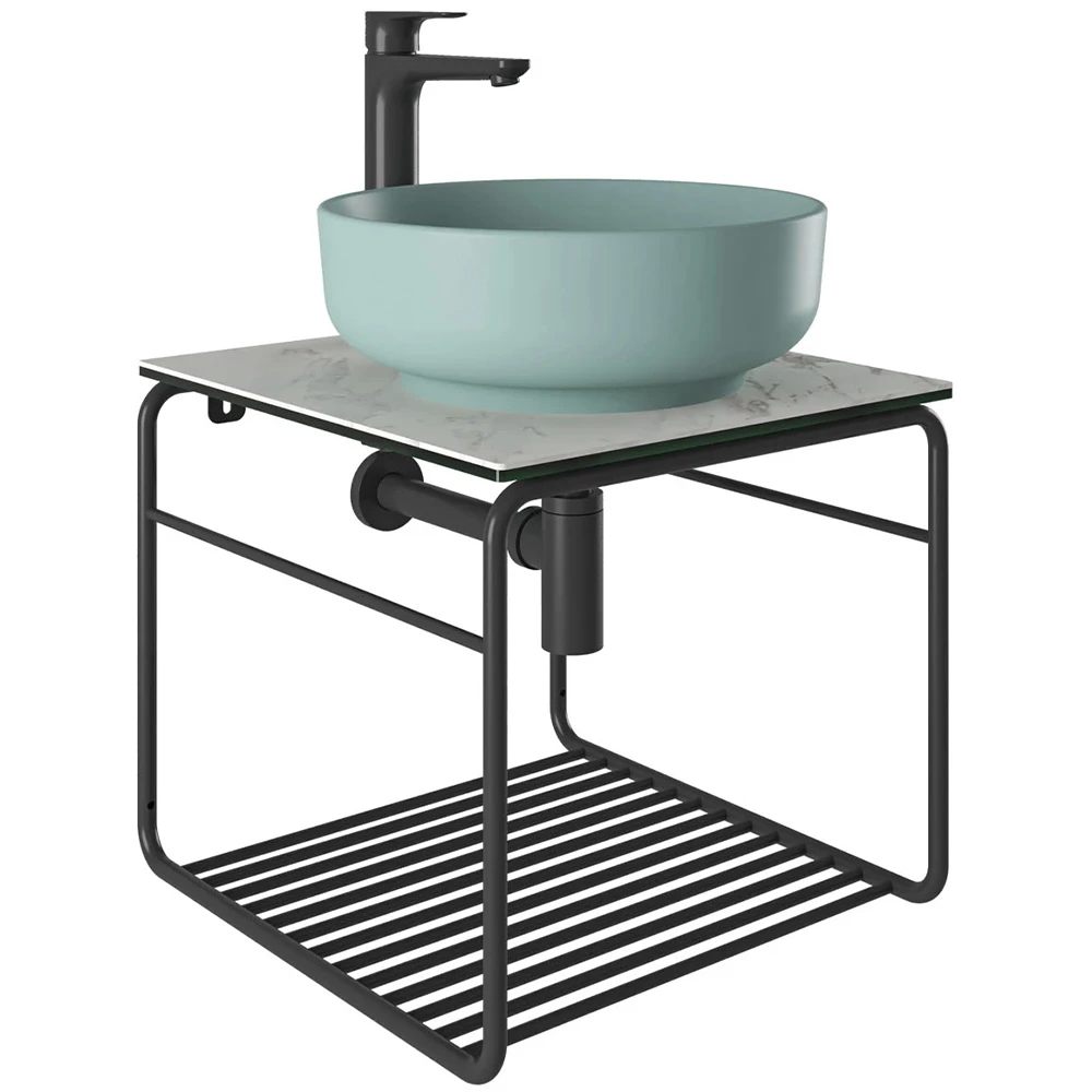 Kale Volo 45 Cm Yuvarlak Mat Adaçayı Yeşili Lavabolu Metal Banyo Mobilya Seti