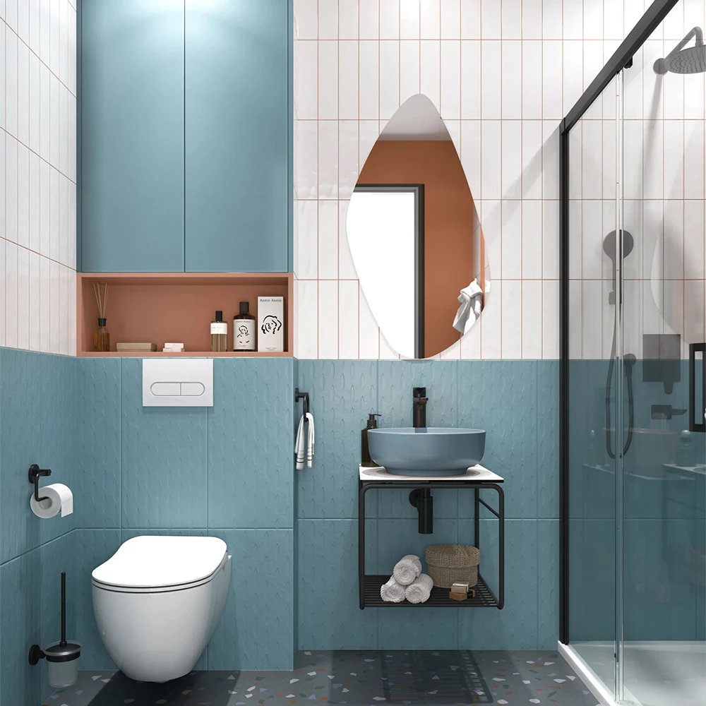 Kale Volo 45 Cm Yuvarlak Mat Mavi Lavabolu Metal Banyo Mobilya Seti 2
