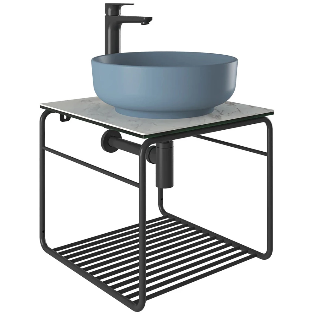 Kale Volo 45 Cm Yuvarlak Mat Mavi Lavabolu Metal Banyo Mobilya Seti
