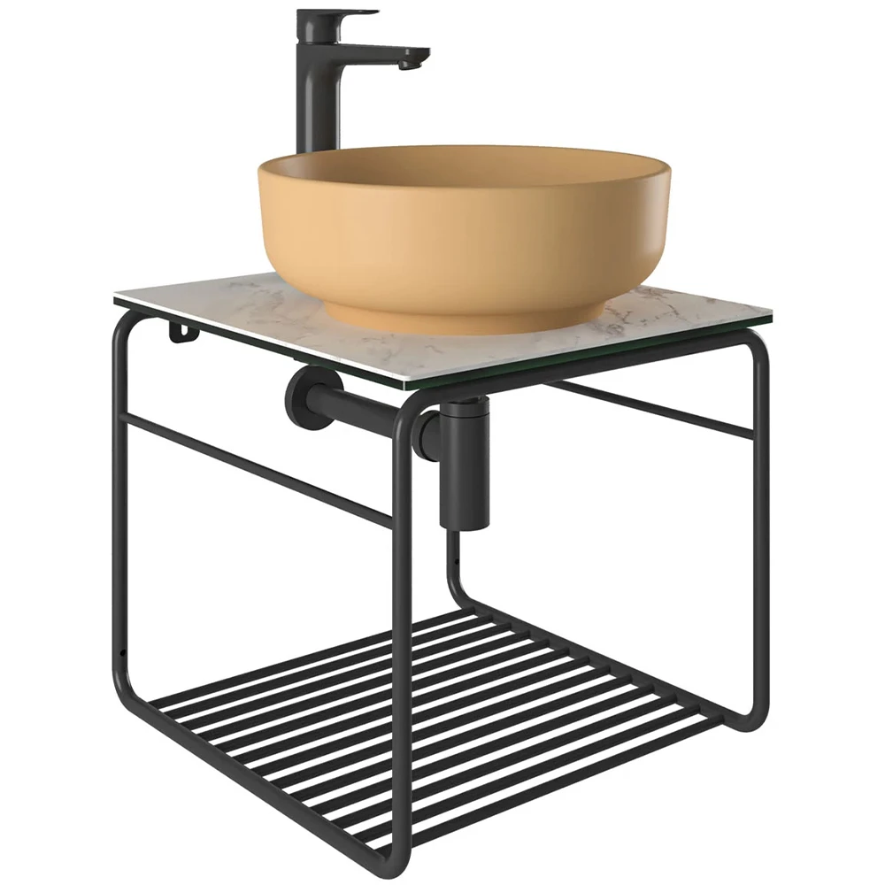 Kale Volo 45 Cm Yuvarlak Mat Sarı Lavabolu Metal Banyo Mobilya Seti
