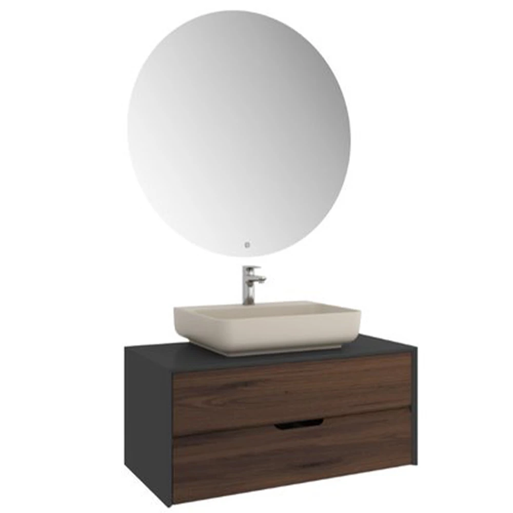 Kale Zero 2.0 100 Cm Antrasit Ceviz Banyo Dolabı (Dörtgen Mat Vizon Armatür Bantlı Lavabo)