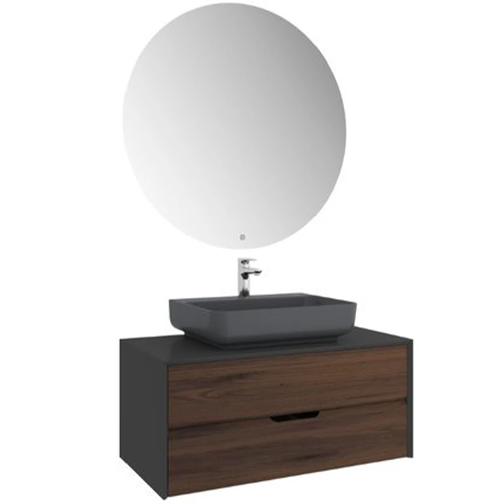 Kale Zero 2.0 100 Cm Set Antrasit Ceviz Banyo Dolabı (Dörtgen Mat Antrasit Armatür Bantlı Lavabo)