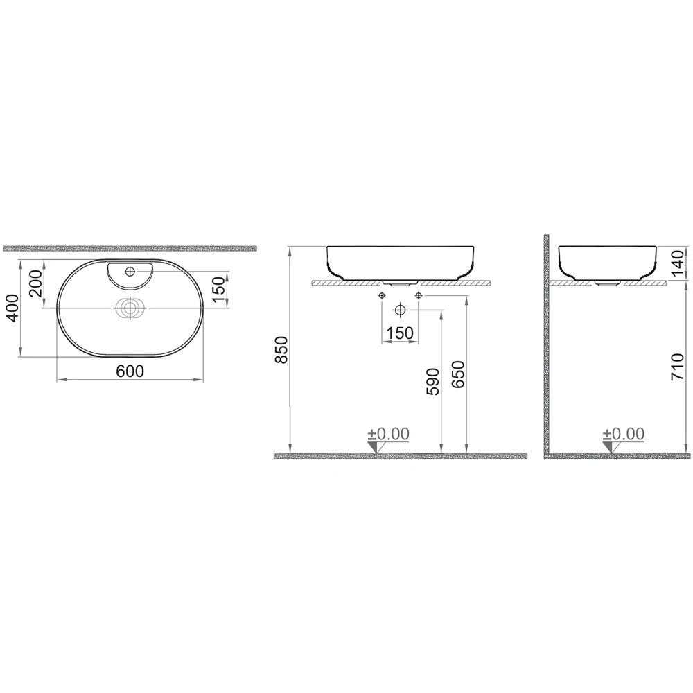 Kale Zero 2.0 60x40 Cm Ada Armatür Bantlı Mat Beyaz Oval Çanak Lavabo 2