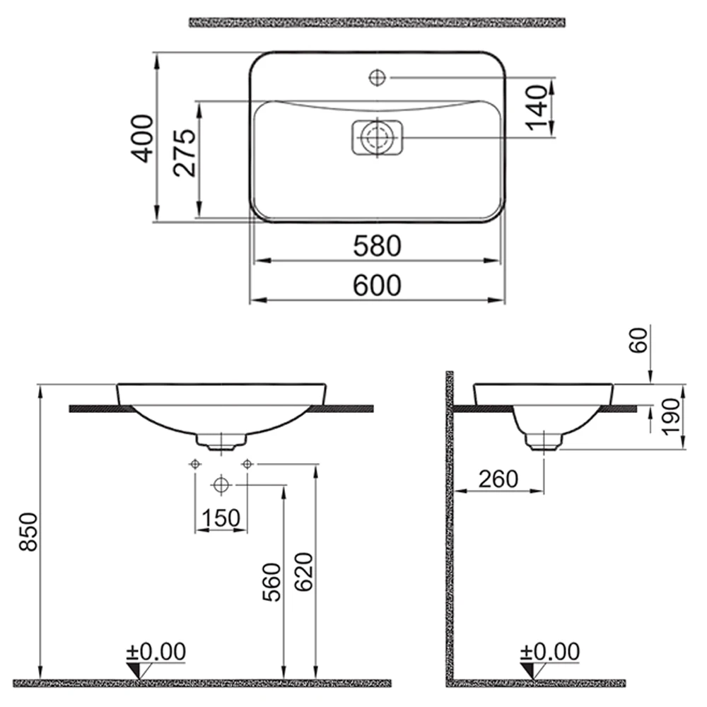 Kale Zero 2.0 60x40 Cm Mat Siyah Yarı Gömme Dikdörtgen Lavabo 2