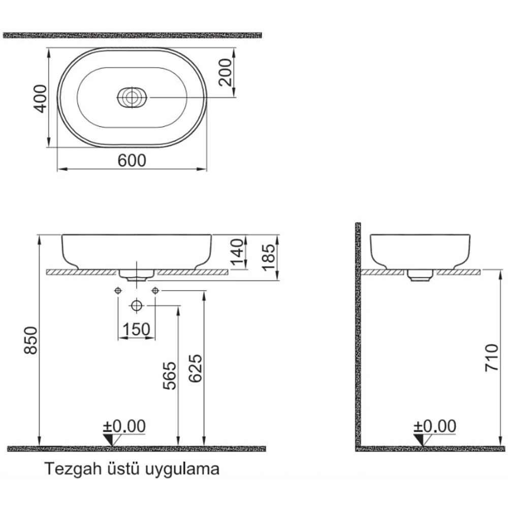Kale Zero 2.0 60x40 Cm Siyah Oval Çanak Lavabo 2