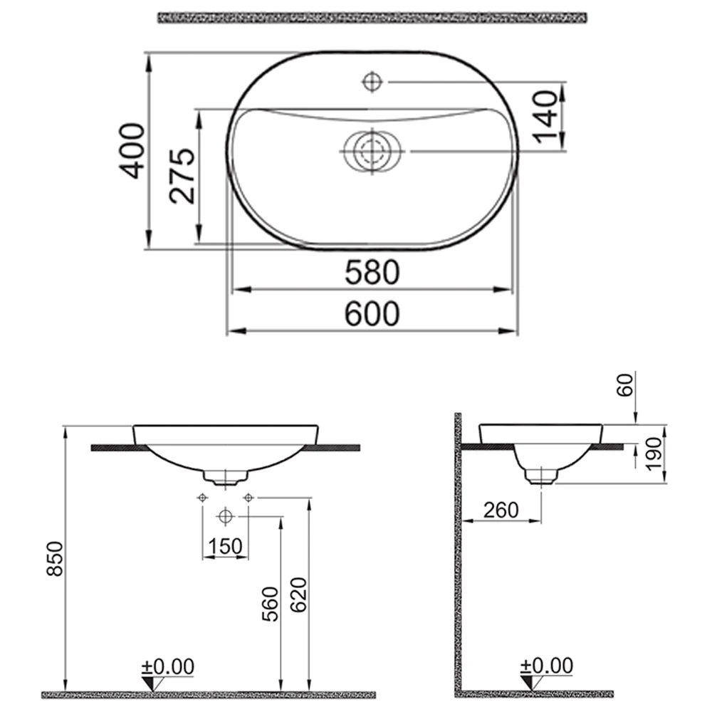 Kale Zero 2.0 60x40 Cm Siyah Yarı Gömme Oval Lavabo 2