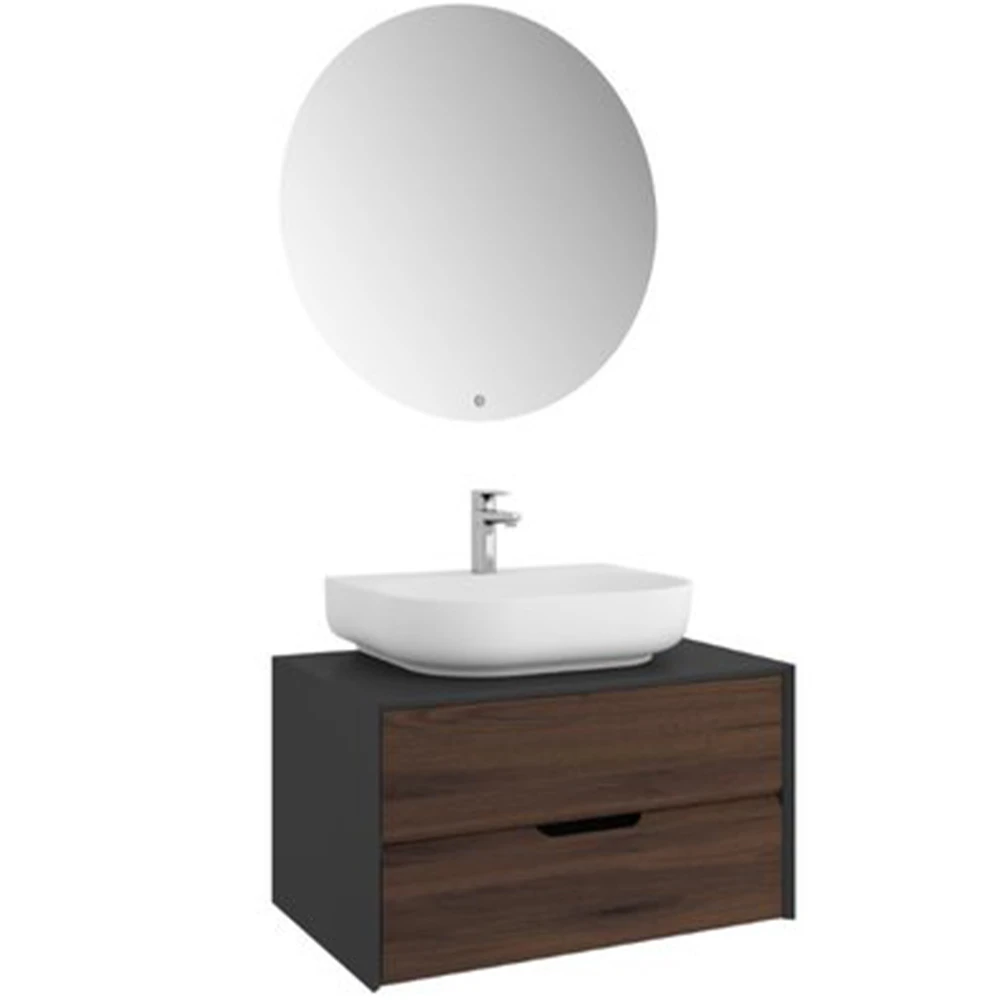 Kale Zero 2.0 80 Cm Antrasit Ceviz Banyo Dolabı (Oval Mat Beyaz Armatür Bantlı Lavabo)