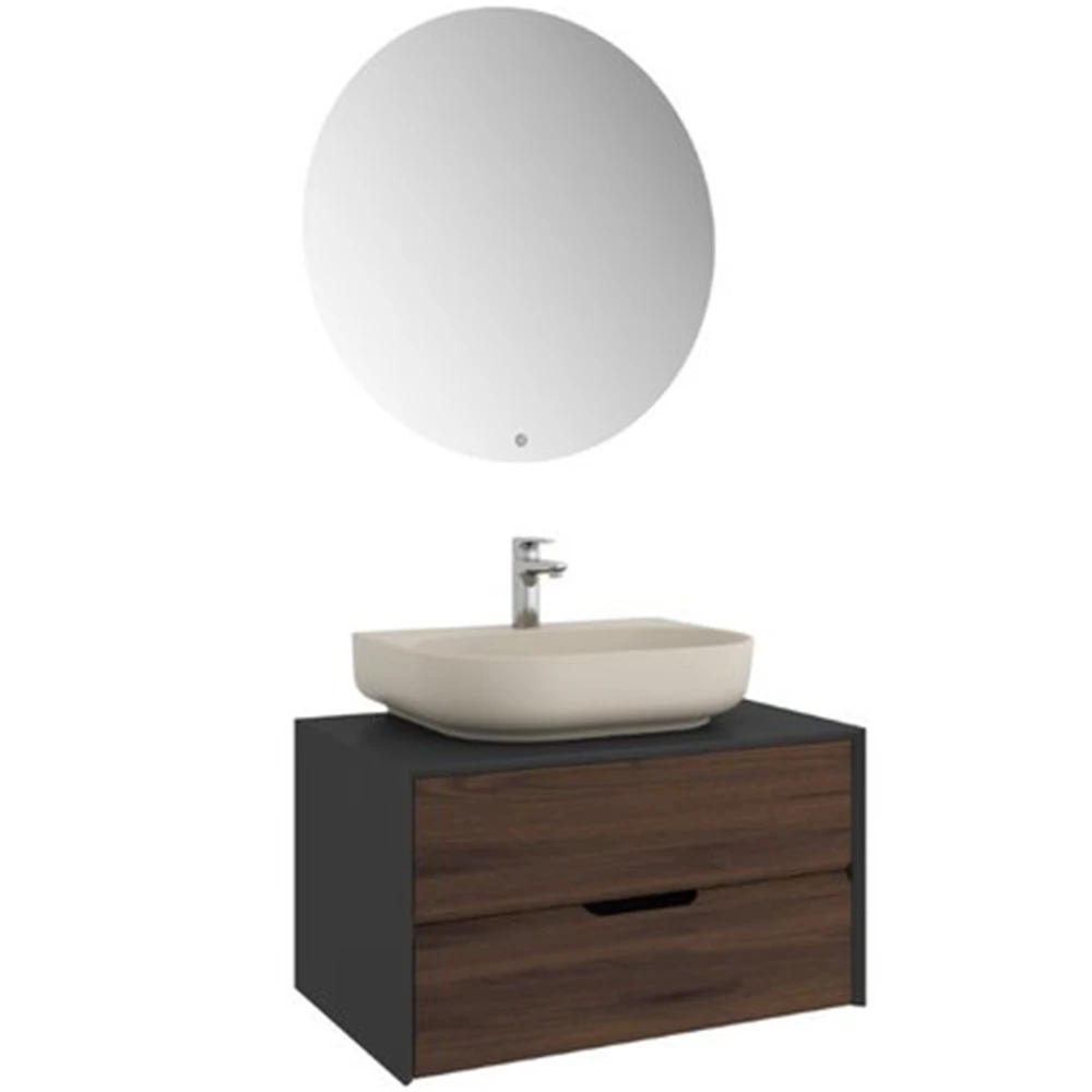 Kale Zero 2.0 80 Cm Antrasit Ceviz Banyo Dolabı (Oval Mat Vizon Armatür Bantlı Lavabo)