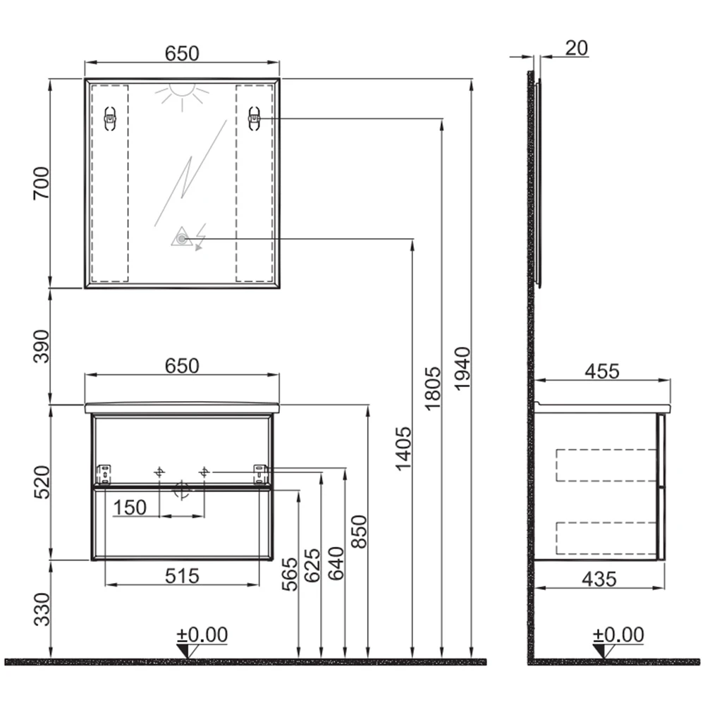 Kale Zeta 65 Cm Mat Antrasit Banyo Dolabı Takımı 2