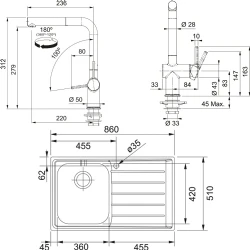 Franke Neptun NEX 611-86 Sağ Damlalıklı Evye + Active Plus Doccia Armatür Seti Hemen Al