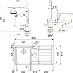 Franke Neptun NEX 651-100 Sağ Damlalıklı Evye + Active Plus Doccia Armatür Seti Hemen Al