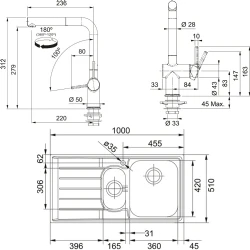Franke Neptun NEX 651-100 Sol Damlalıklı Evye + Active Plus Doccia Armatür Seti Hemen Al