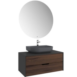 Kale Zero 2.0 100 Cm Set Antrasit Ceviz Banyo Dolabı (Oval Mat Antrasit Armatür Bantlı Lavabo)