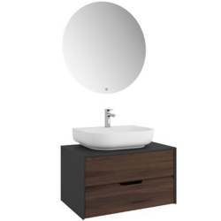 Kale Zero 2.0 80 Cm Antrasit Ceviz Banyo Dolabı (Oval Mat Beyaz Armatür Bantlı Lavabo)
