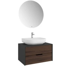 Kale Zero 2.0 80 Cm Antrasit Ceviz Banyo Dolabı (Oval Mat Beyaz Armatür Bantlı Lavabo)