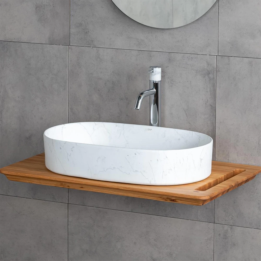Lena E-W1202M8 60x37 Cm Mat Beyaz Mermer Desenli Tezgah Üstü Lavabo 2