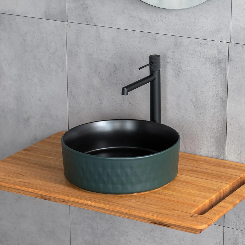 Lena E-W5001YS 36 Cm Mat Yeşil-Siyah Yuvarlak Tezgah Üstü Lavabo 2