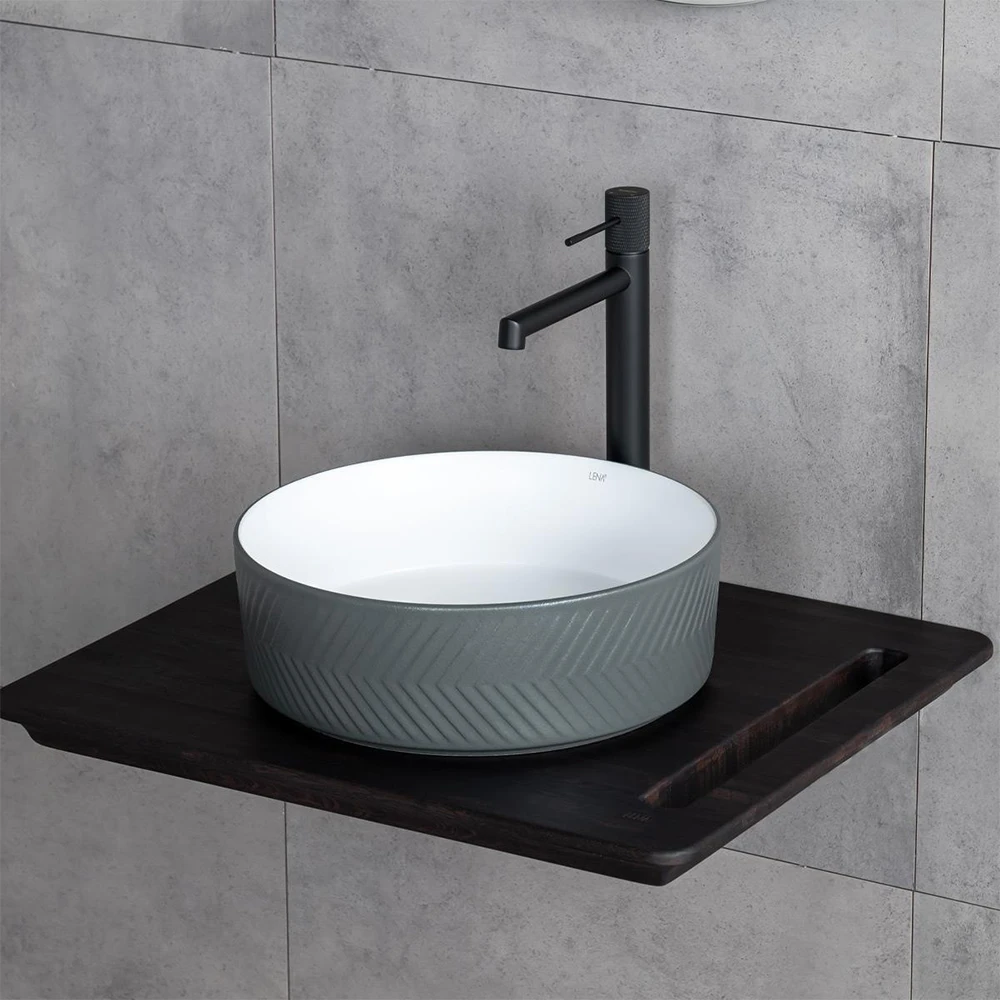 Lena E-W5002GB 36 Cm Mat Gri-Beyaz Yuvarlak Tezgah Üstü Lavabo 2