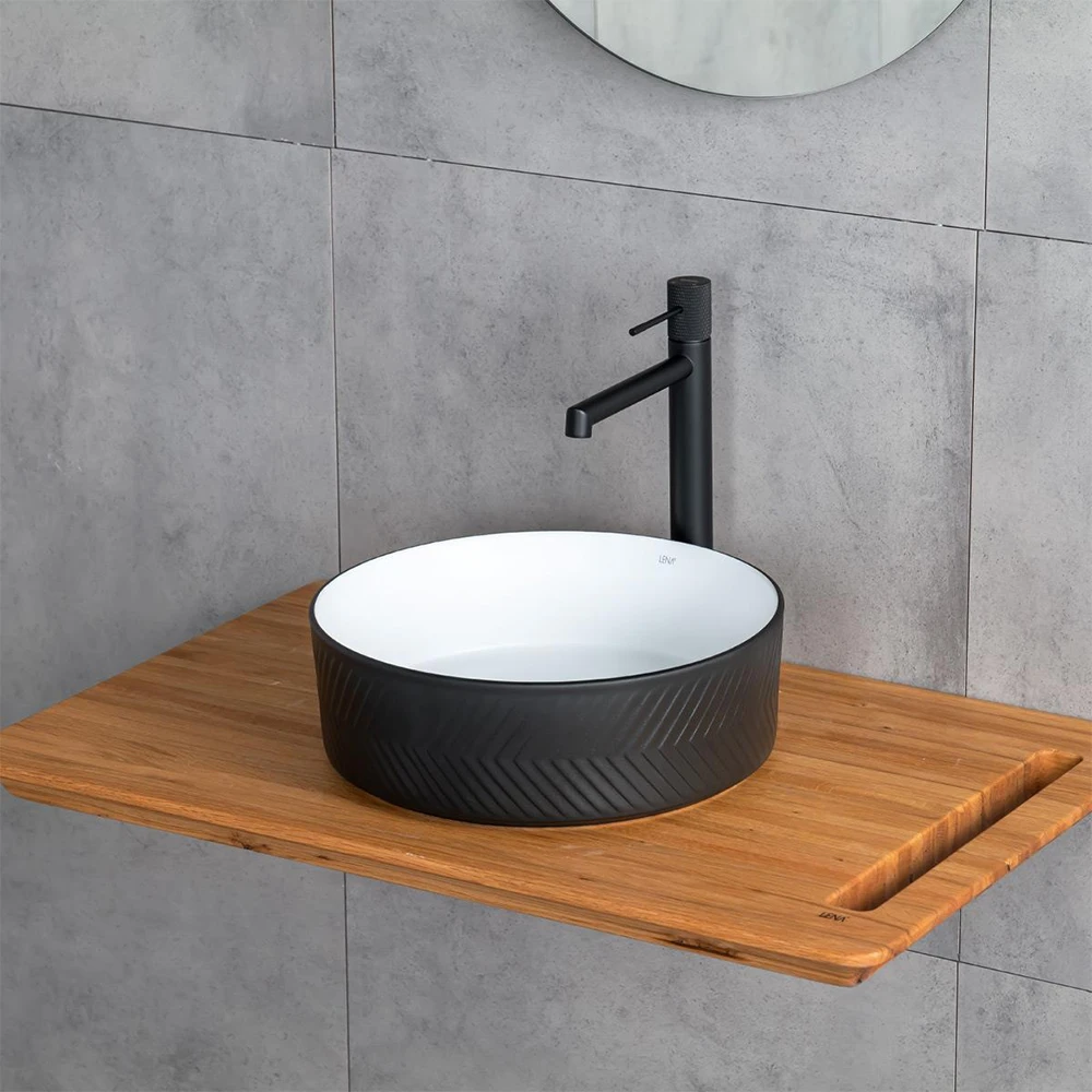 Lena E-W5002SB 36 Cm Mat Siyah-Beyaz Yuvarlak Tezgah Üstü Lavabo 2