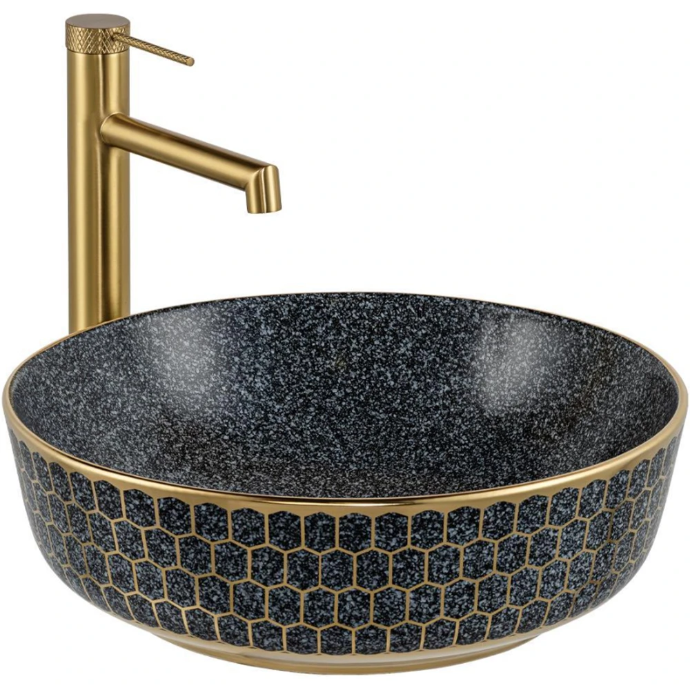 Lena E-W8145 41 Cm Mat Gri-Altın Yuvarlak Tezgah Üstü Lavabo