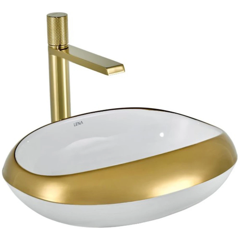 Lena EY-4710A 46x38 Cm Parlak Beyaz-Altın Tezgah Üstü Lavabo
