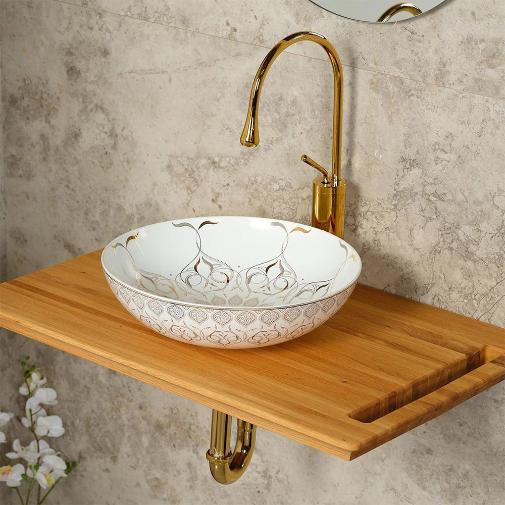 Lena EY-7032 40 Cm Beyaz-Altın Yuvarlak Tezgah Üstü Lavabo 2