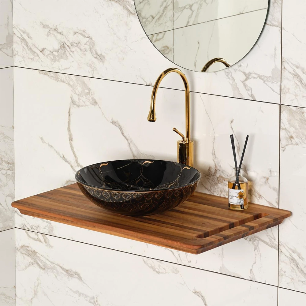 Lena EY-7032S 40 Cm Siyah-Altın Yuvarlak Tezgah Üstü Lavabo 2