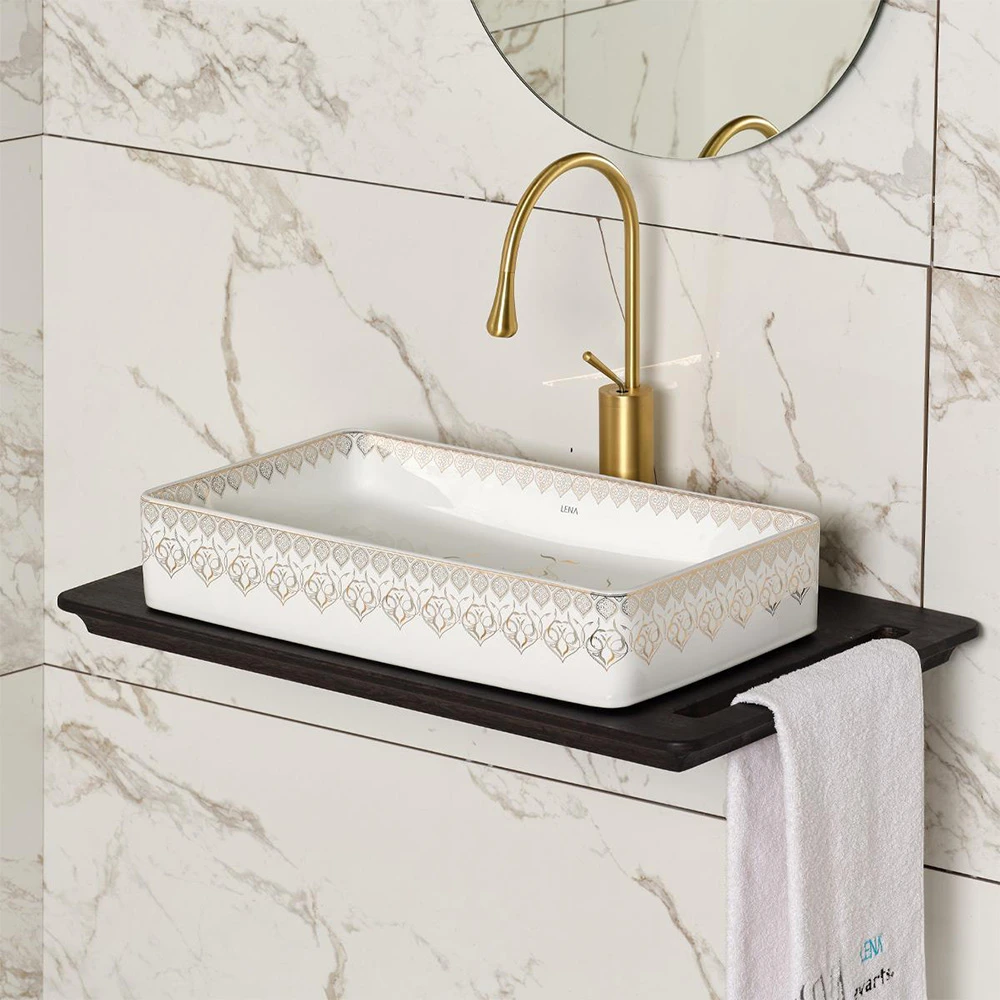 Lena EY-7034 Beyaz-Altın Tezgah Üstü Lavabo 2