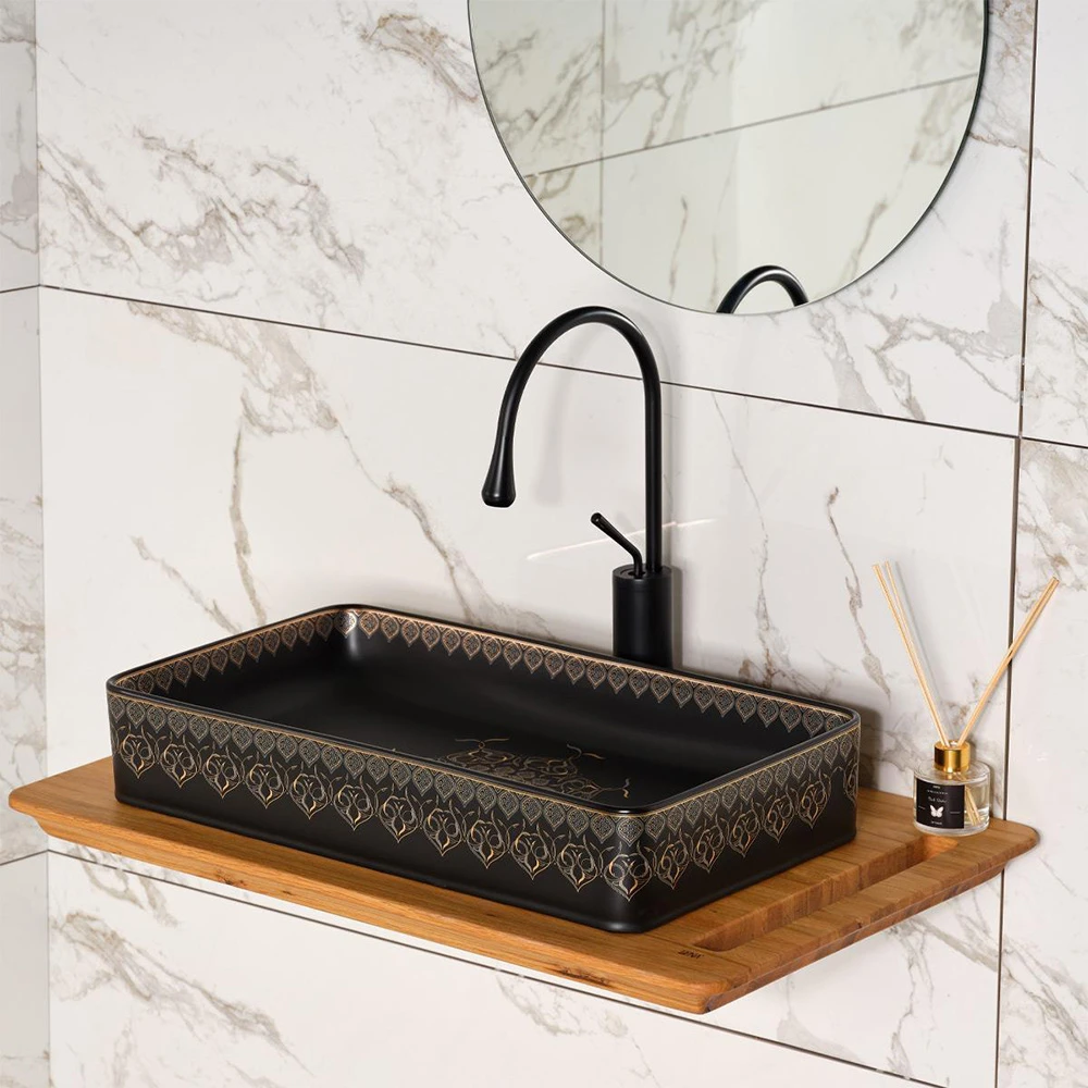 Lena EY-7034S Siyah-Altın Tezgah Üstü Lavabo 2
