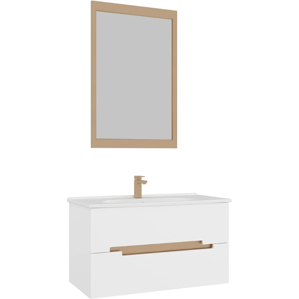 Orka Lodi 100 Cm Beyaz-Altın Banyo Dolabı Takımı