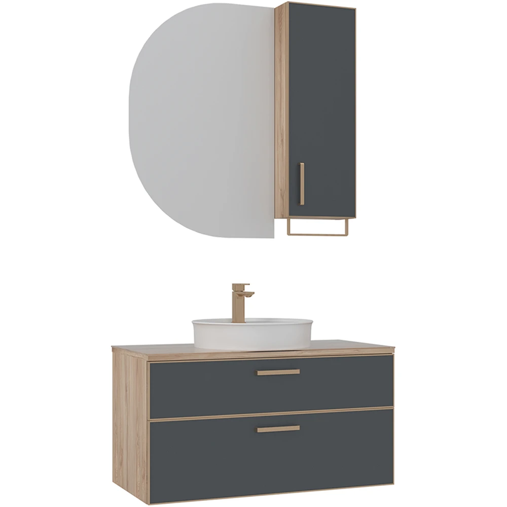 Orka Salerno 100 Cm Mat Antrasit-Legnano Banyo Dolabı Takımı (Altın Kulp)