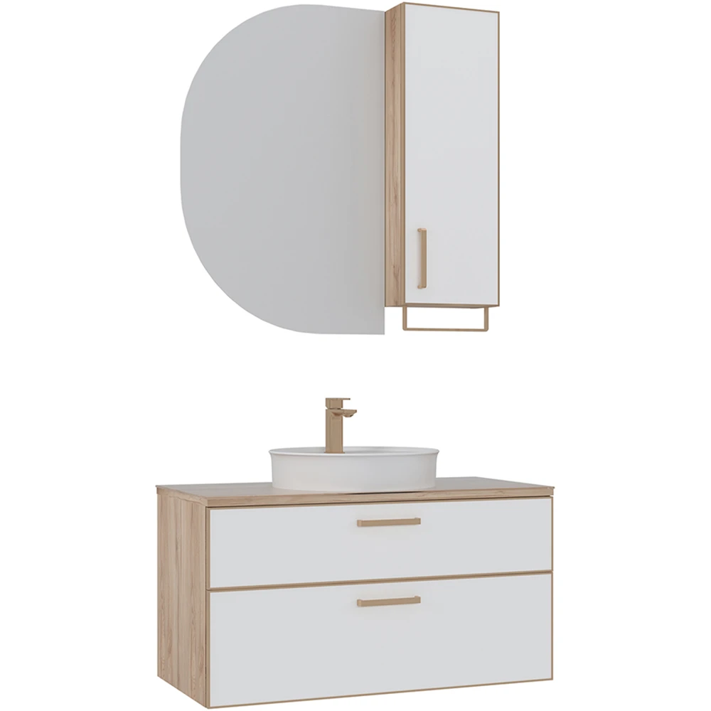 Orka Salerno 100 Cm Mat Beyaz-Legnano Banyo Dolabı Takımı (Altın Kulp)