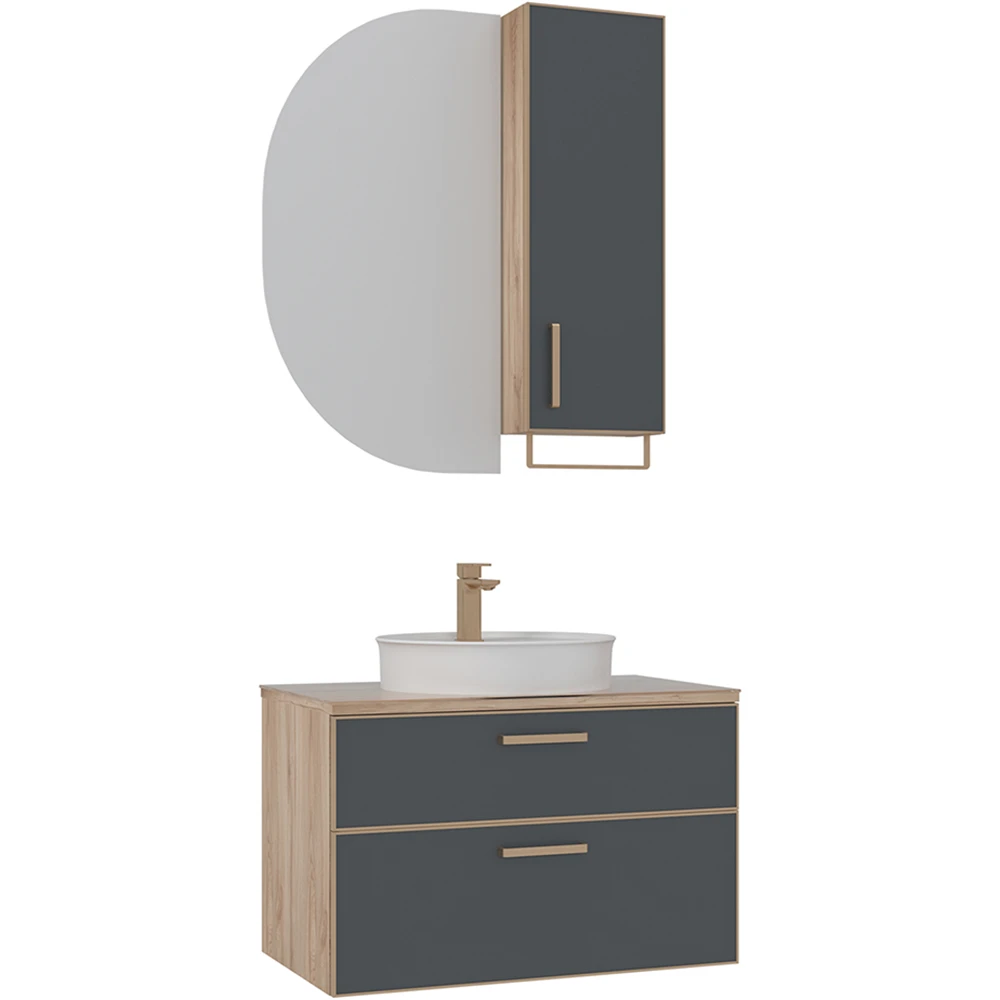 Orka Salerno 80 Cm Mat Antrasit-Legnano Banyo Dolabı Takımı (Altın Kulp)