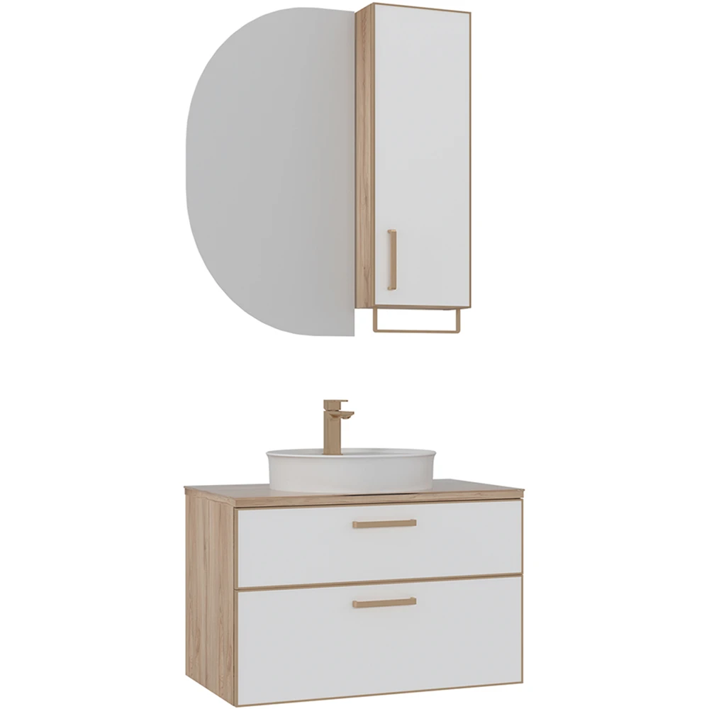 Orka Salerno 80 Cm Mat Beyaz-Legnano Banyo Dolabı Takımı (Altın Kulp)
