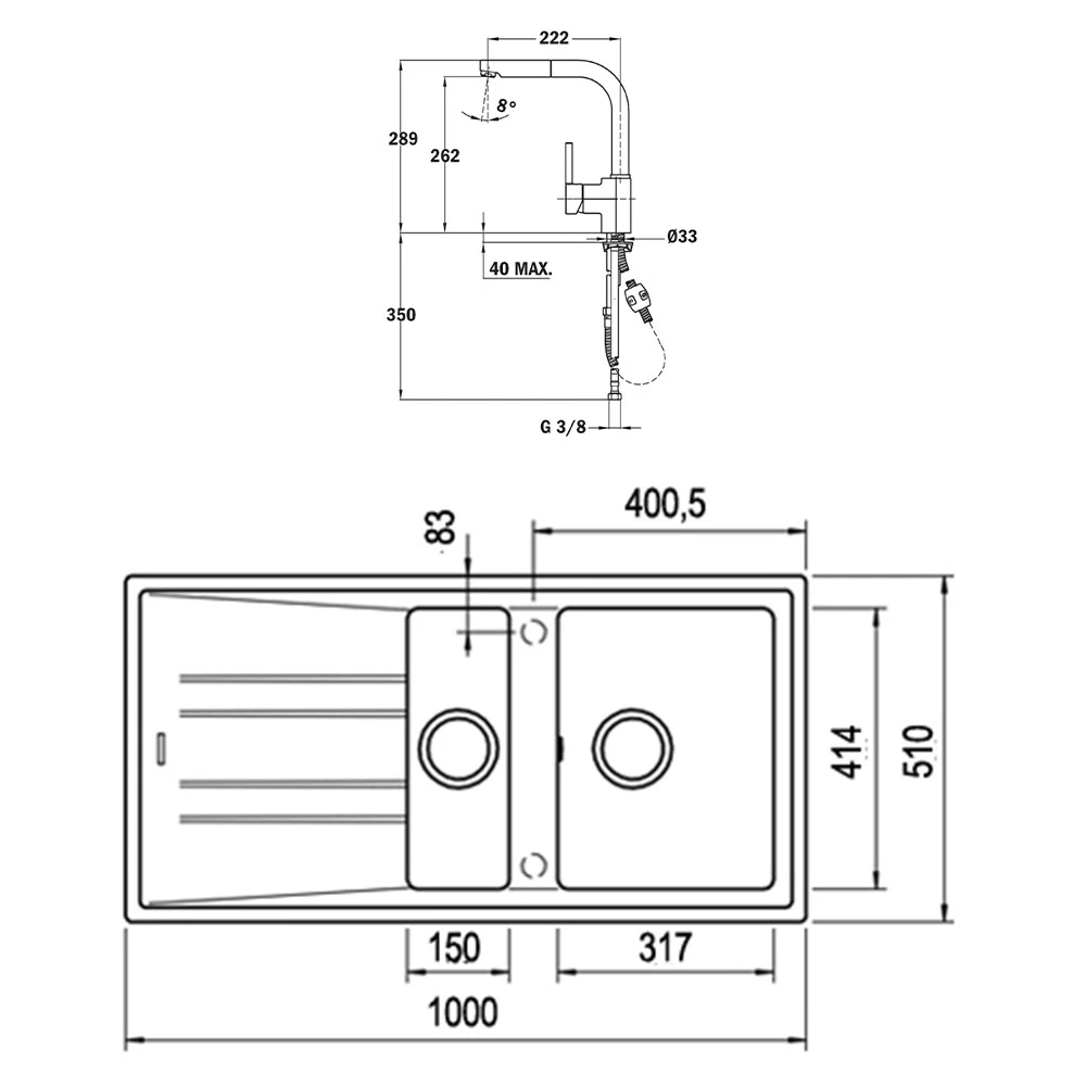 Teka Stone 60 B TG Granit Evye + ARK 938 Armatür Seti (Beyaz) 2