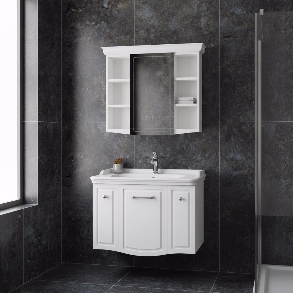 Kale Arte+ 80 Cm Parlak Beyaz Banyo Dolabı Takımı (Krom Kulp) 2