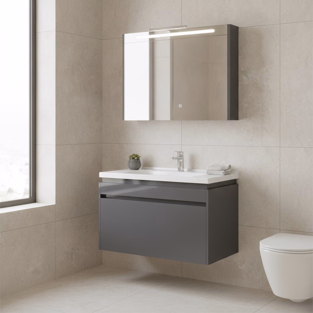 Kale Idea 2.0 100 Cm Parlak Antrasit Tek Çekmeceli Banyo Dolabı Takımı 610100200495 2