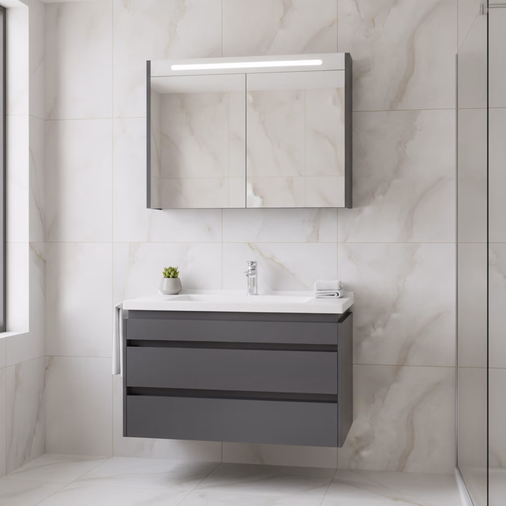 Kale Idea 2.0 100 Cm Parlak Antrasit Çift Çekmeceli Banyo Dolabı Takımı 610100200519 2