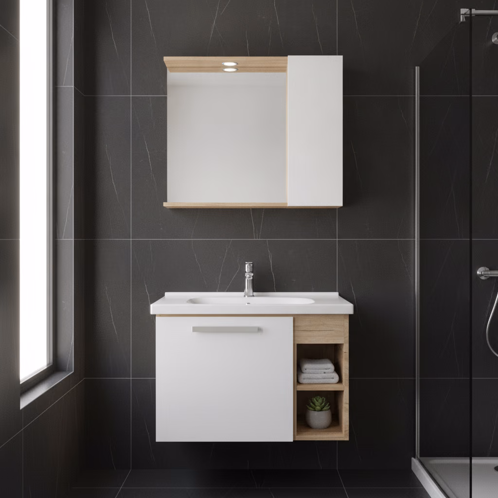 Kale Mare 80 Cm Beyaz-Meşe Banyo Dolabı Takımı 2