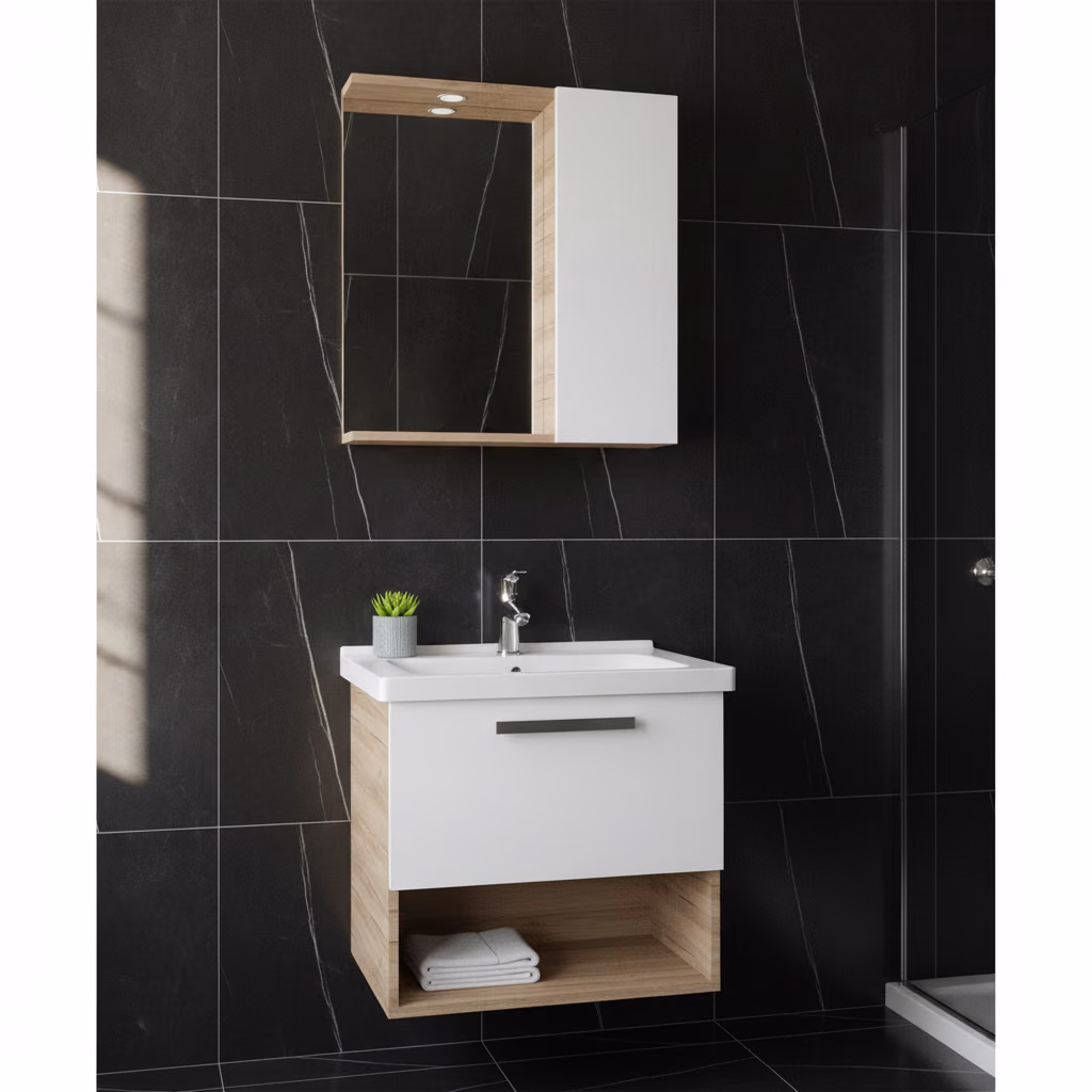 Kale Trevi 65 Cm Beyaz-Meşe Banyo Dolabı Takımı 2