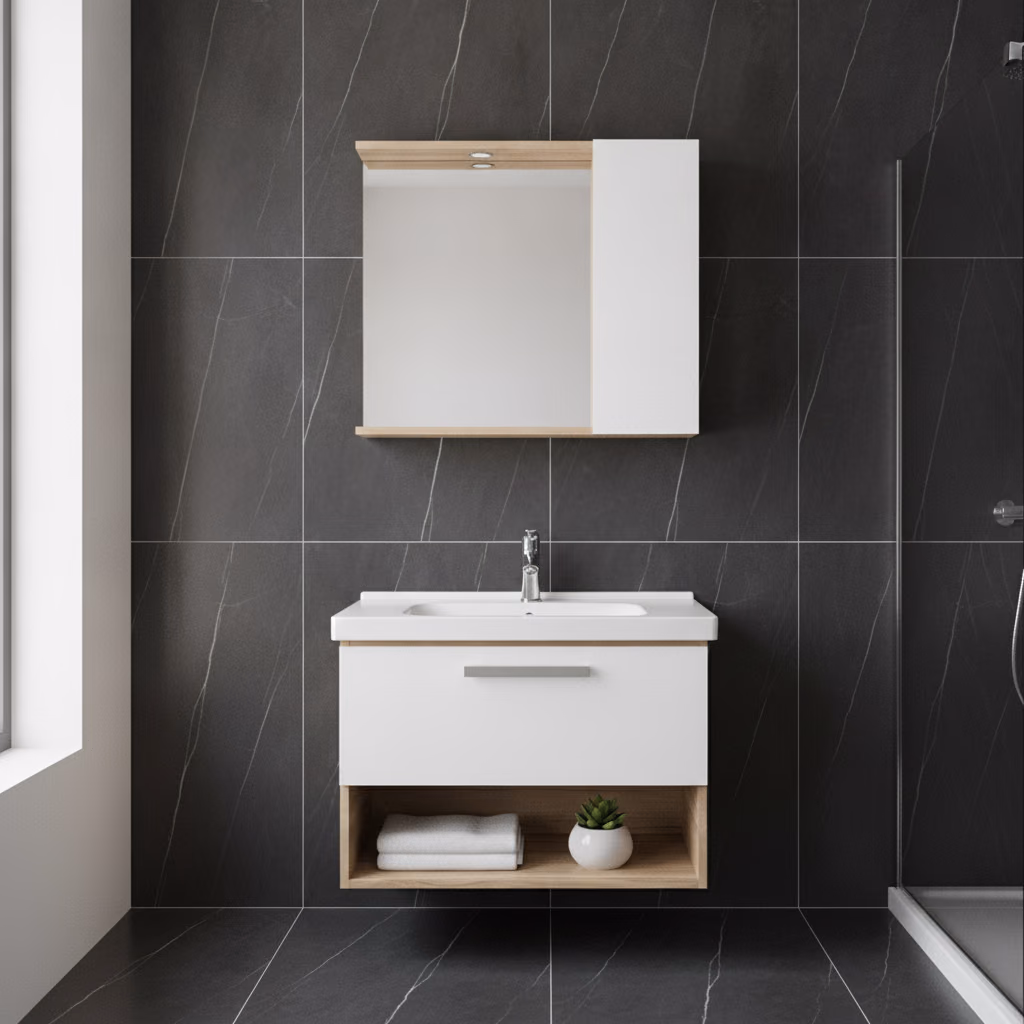 Kale Trevi 80 Cm Beyaz-Meşe Banyo Dolabı Takımı 2