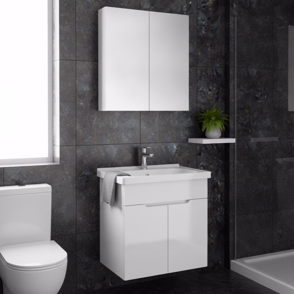Kale Stora 65 Cm Parlak Beyaz Banyo Dolabı Takımı (Ayna Dolaplı) 2