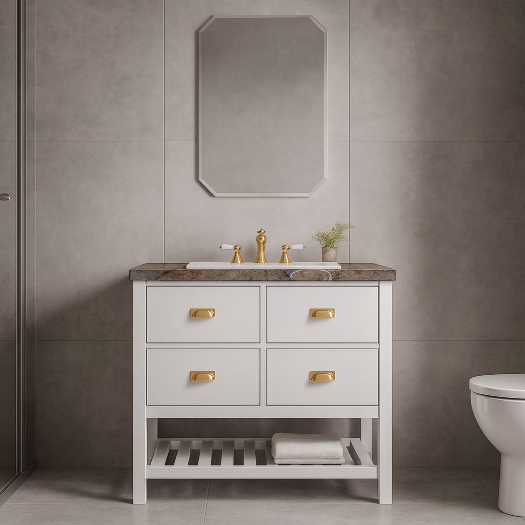 Kale Grandhome 100 Cm Mat Beyaz-Asteroid Banyo Dolabı Takımı (Parlak Altın Kulp) 2