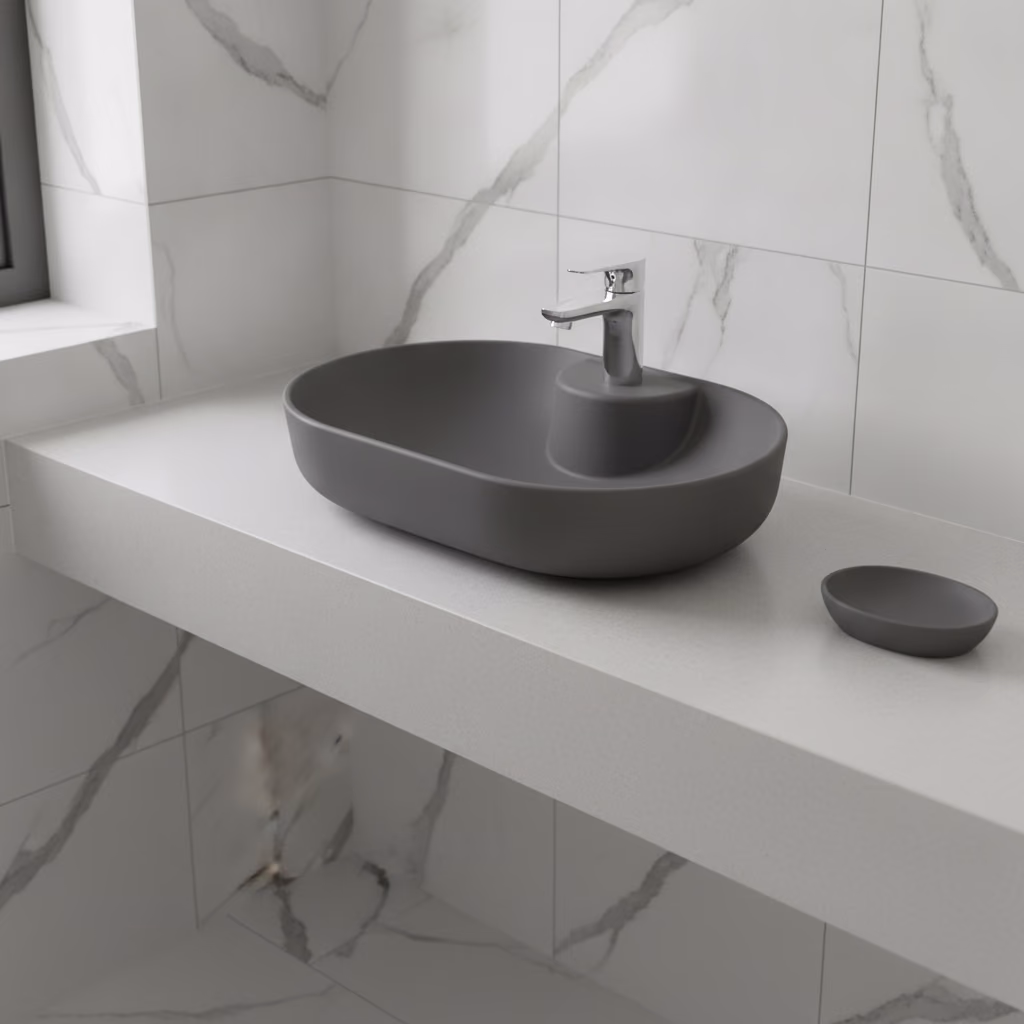 Kale Zero 2.0 60x40 Cm Ada Armatür Bantlı Mat Antrasit Oval Çanak Lavabo 2